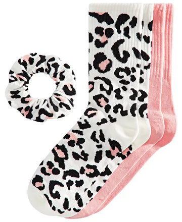 MMG-JENNI/GOLD MEDAL INTL Socks Women's Crew Socks & Scrunchie Set Jenni 2 Pair Leopard and Pink